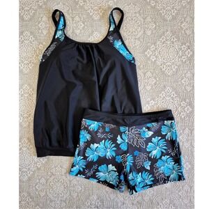 Daci Tankini Swimsuit Set Womens XL Black Blue Floral Blouson Top Boy Shorts NEW